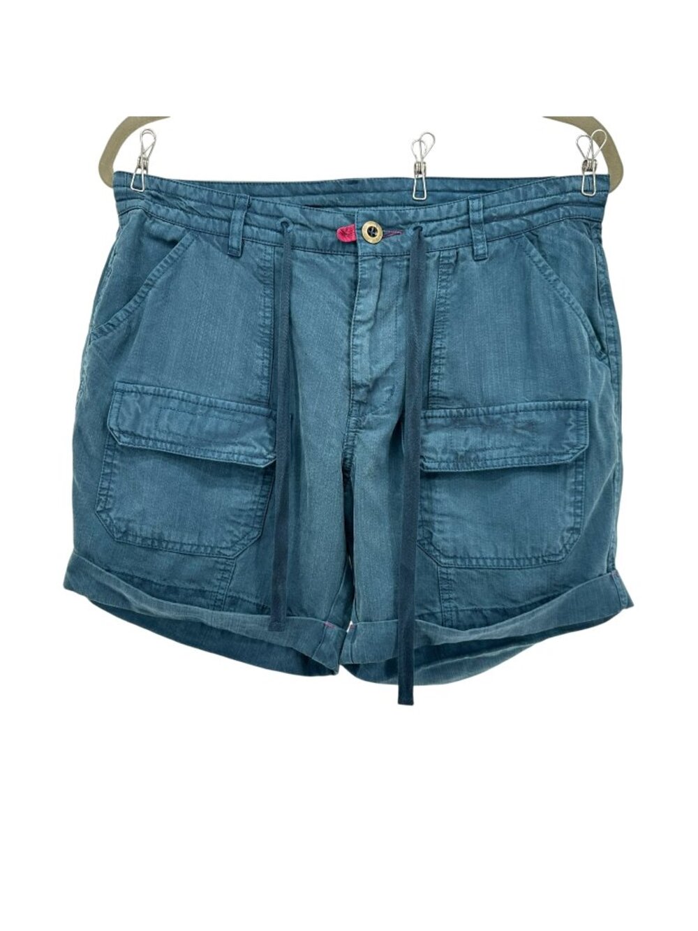 Sundance Womens Petites 4P Shorts Cargo Tencel Cuffed Teal Blue Pockets